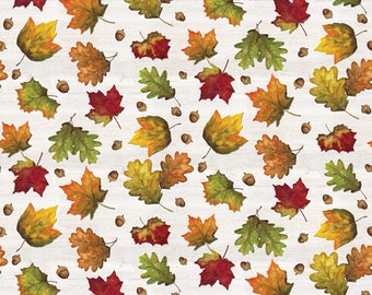 Leaves and Acorn Fabric, Leaves and Acorns on Off White by Tara Reed Riley Blake Quilting Cotton Fabric, Thanksgiving Fabric, Fall Fabric