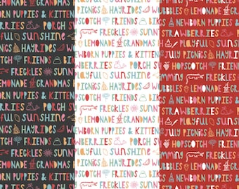 Summer Words Blender on Black White or Red, Hopscotch and Freckles by Poppie Cotton Quilting Cotton Fabric, Summer Theme, Summer Fun Fabric
