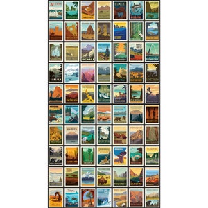 May include: A colorful collage of vintage-style travel posters featuring national parks across the United States. Each poster depicts a different park with its name and a scenic image of the park.