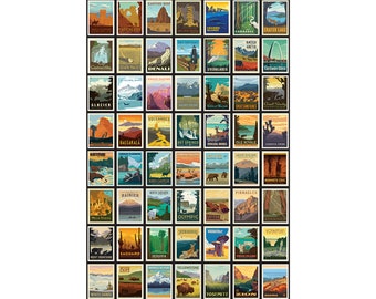 National Park Fabric, National Park Posters on Black by Riley Blake Quilting Cotton Fabric 23.5"x43" Panel, Multiple Quantities Continuous