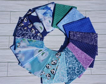 Winter Fat Quarter Bundle, Snowville 16 piece Fat Quarter Bundle by Sue Zipkin from Clothworks Quilting Cotton Fabric, Penguins, Polar Bears