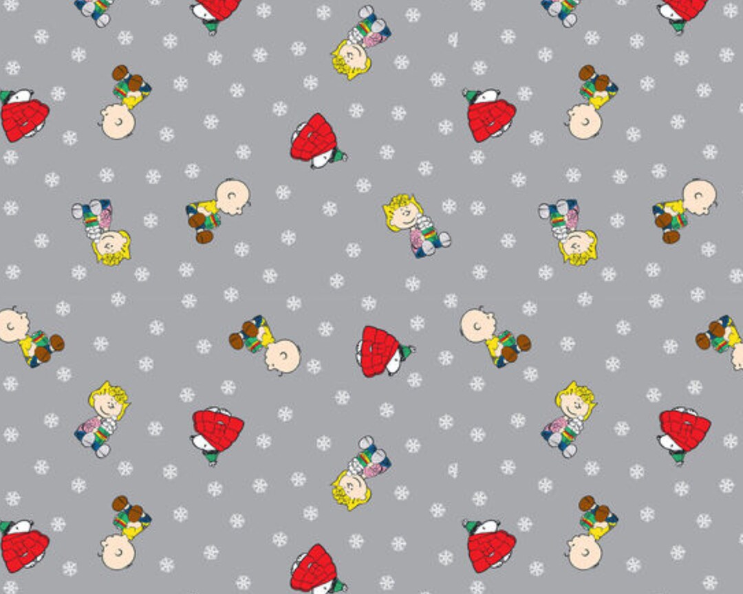 Snoopy Christmas Fabric, Peanuts Stay Warm on Gray Christmas Licensed