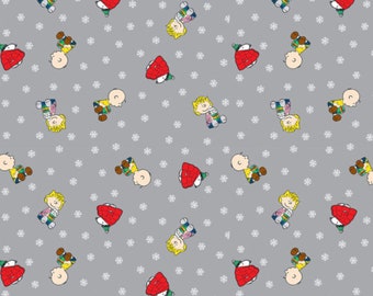 Snoopy Christmas Fabric, Peanuts Stay Warm on Gray Christmas Licensed Novelty Cotton Fabric, Peanuts Christmas Fabric, Gray Snoopy Fabric
