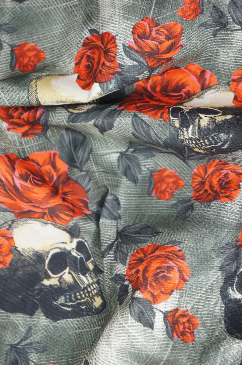 Skulls And Roses Fabric, Tossed Skulls and Red Roses Novelty Cotton Fabric image 9