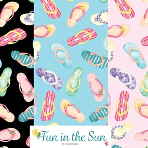 Flip Flop Fabric on Black, Blue or Pink, Fun in the Sun Quilting Cotton Fabric by Kanvas Studio, Summer Fabric, Sandal Fabric, Beach Fabric