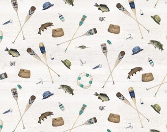 Fishing Fabric, Fishing Icons on Parchment Wake by the Lake Quilting Cotton by Riley Blake Quilting Cotton Fabric, C14892-PARCHMENT