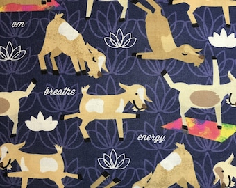 Goat Yoga Novelty Cotton Fabric, Happy Goats, Funny Yoga Fabric, Smiling Goat Fabric