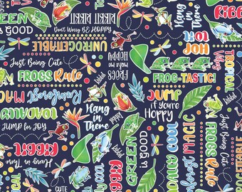 Frog Words Fabric, Frog-Tastic Words Glow on Navy by Kanvas Studio for Benartex Quilting Cotton , Tropical Tree Frog Fabric, Rainforest Glow