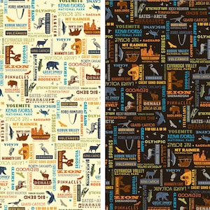 May include: A fabric pattern featuring a repeating collage of United States National Park names and associated wildlife or landscape icons. The design is presented in two colorways: one with a cream background and one with a dark brown background.