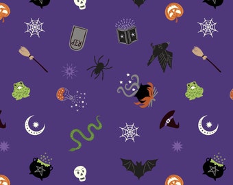 Halloween Icons Fabric, Spooky Halloween with Silver Metallic Accents on Purple Cast a Spell by Lewis and Irene Quilting Cotton Fabric