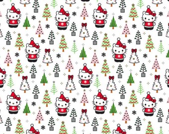 Hello Kitty Christmas Fabric, Hello Kitty and Trees on White Licensed by Sanrio for Springs Creative Novelty Cotton Fabric