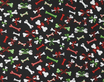 Christmas Dog Bone Fabric, Holiday Dog Bones on Black by Fabric Traditions Novelty Cotton Fabric, Dog Themed Christmas Fabric, Small Print