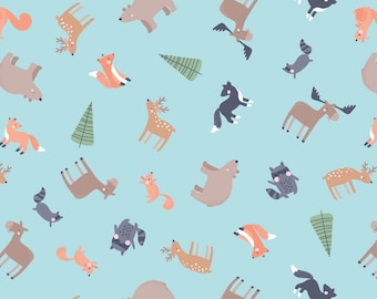 Woodland Animal Flannel Fabric, Cozy Animals Tossed on Sky Blue Cozy Forest by Kanvas Studio for Benartex Comfort Flannel Fabric, Nursery