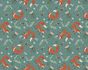 Fox Fabric, Foxy Cottage Core on Teal by Jessica Flick for Benartex Quilting Cotton Fabric 16376B-85