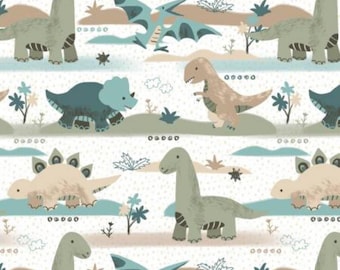 Dinosaur Flannel Fabric, Going Dino on White by David Textiles Novelty Flannel Fabric, DX-2568-4F-1