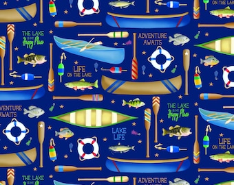 Lake Life Fabric, Lake Life on Navy Sail Away by Andi Metz for Benartex Kanvas Studio Quilting Cotton Fabric, Fishing Fabric, 14446-56B