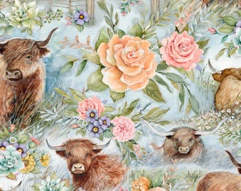 Highland Cow Fabric, Highland Cow Ranch with Flowers by Susan Winget for Springs Creative Novelty Cotton Fabric 81425-160028