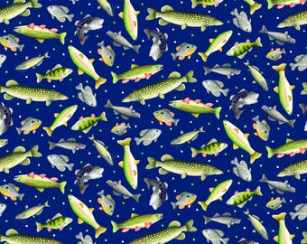 Fish Fabric, Gone Fishing on Navy Sail Away by Andi Metz for Benartex Kanvas Studio Quilting Cotton Fabric, 14444-56B