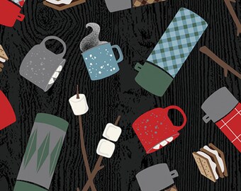 Camping Fabric, Campfire Treats on Black Moose Creek Lodge by Benartex Quilting Cotton Fabric, Camping Grear Fabric, 12921B-11