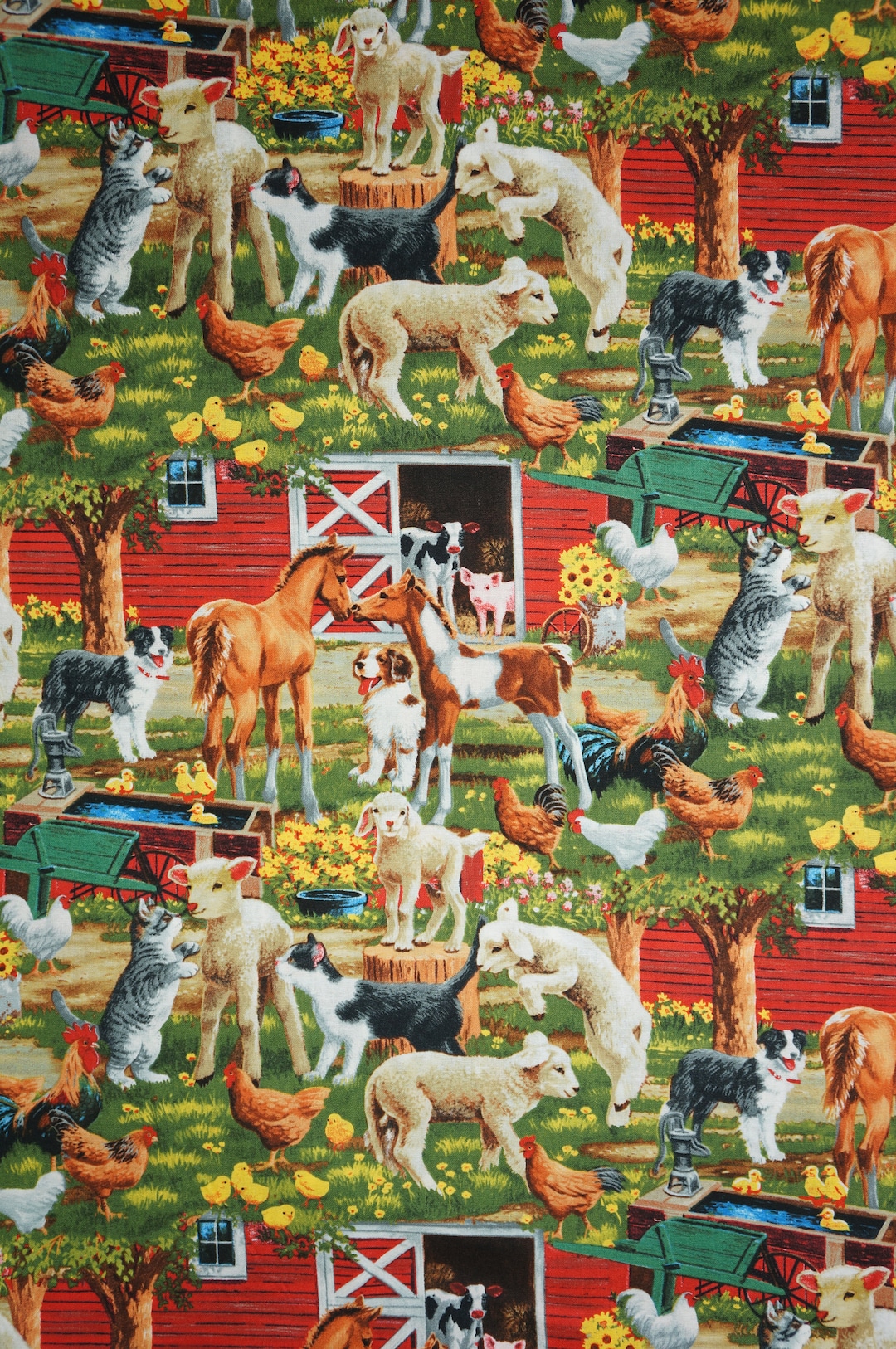 Farm Animal Fabric, A Happy Neighborhood by David Textiles Novelty