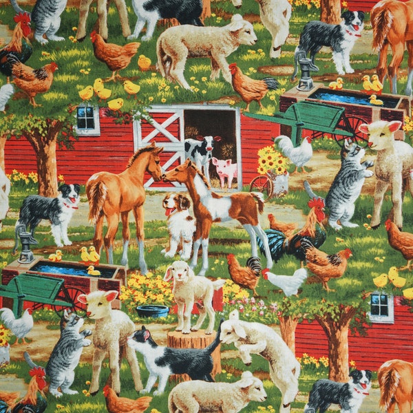 Farm Animal Fabric, A Happy Neighborhood by David Textiles Novelty Cotton Fabric, Farmyard Fabric, Red Barn Fabric, Farm Scene Fabric