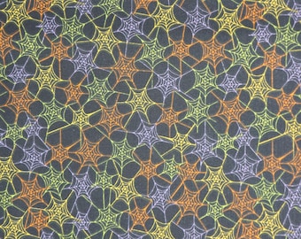 Spiderweb Fabric, Multi Colored Spider Webs on Black Halloween Novelty Cotton Fabric, Orange, Purple, Yellow and Green