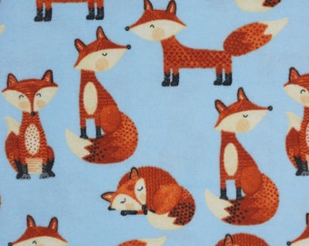 Blue Fox Comfy Cotton Flannel by A.E. Nathan, Fox Print Flannel Fabric, Woodland Animal Nursery