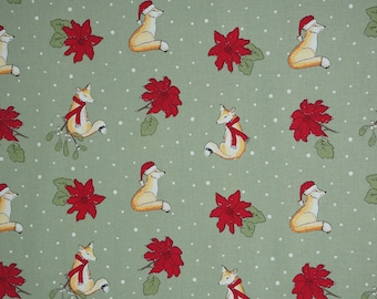 Christmas Fox and Poinsettias, Christmas Critters on Green by The Craft Cotton Company Cotton Fabric, Foxes and Pointsettias 2796C-01