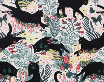 Black Cat and Floral Fabric, Black Cats On Floral Novelty Cotton Fabric, Black Cat Fabric