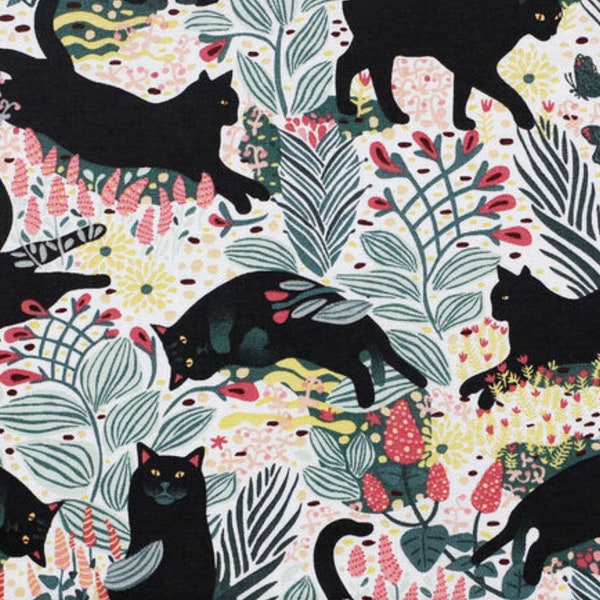 Black Cat and Floral Fabric, Black Cats On Floral Novelty Cotton Fabric, Black Cat Fabric