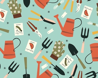 Gardening Fabric, Sowing Season on Light Blue Homestead Haven by Cloud 9 Quilting Organic Cotton Fabric 227922