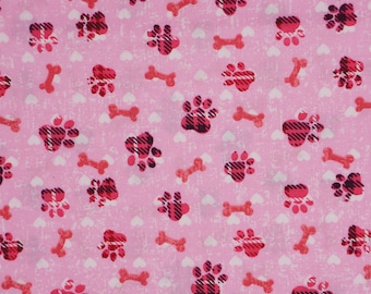 Pink Paw Prints Hearts and Bones Cotton Novelty Fabric