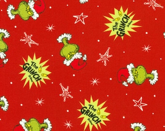 Grinch Fabric, Red Grinch Head Toss with Stars, How the Grinch Stole Christmas by Robert Kaufman Quilting Cotton Fabric, Red Grinch Fabric