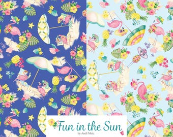 Pink Flamingos Paradise on Blue Fabric, Fun in the Sun Quilting Cotton Fabric by Kanvas Studio, Pink Flamingo Fabric, Beach Theme Fabric
