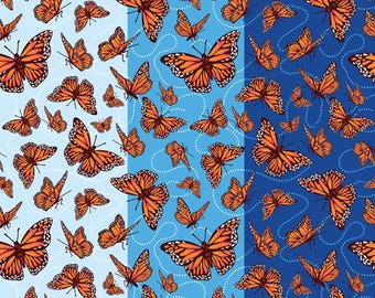 Monarch Butterfly Fabric, Monarchs on Blues Friendship Florals by Diane Labombarbe for Riley Blake Quilting Cotton Fabric C15843