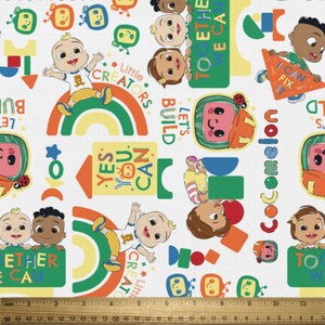 Cocomelon Fabric, Tossed Lets Build Kids on White Licensed by David Textiles Novelty Cotton Fabric, JJ Fabric, Cody and Nina Cocomelon image 2