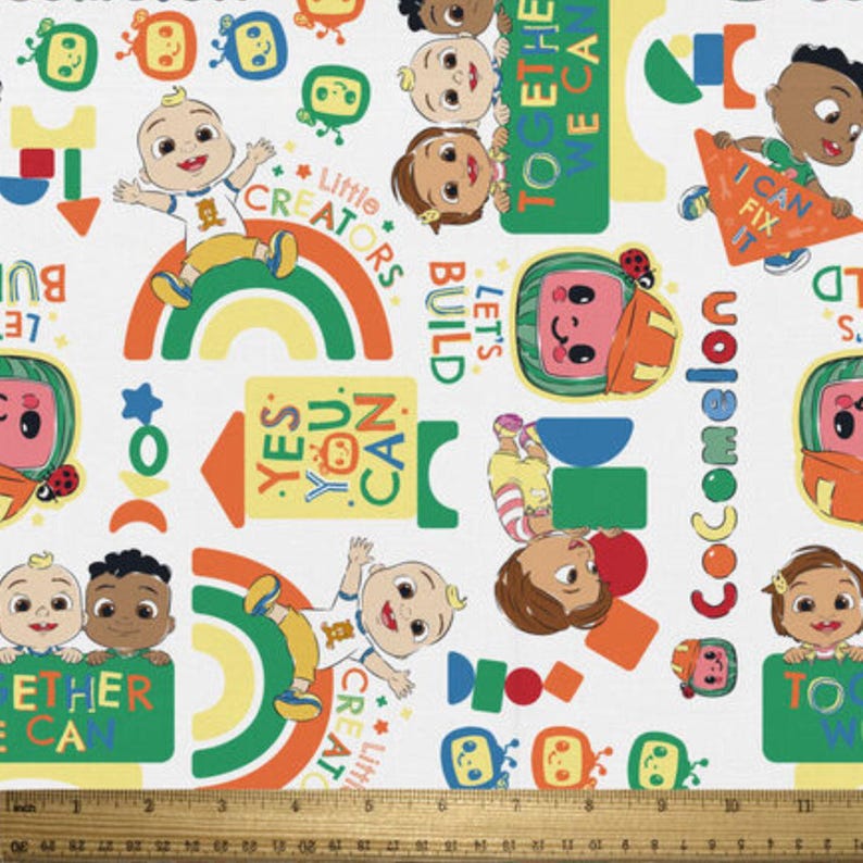 Cocomelon Fabric, Tossed Lets Build Kids on White Licensed by David Textiles Novelty Cotton Fabric, JJ Fabric, Cody and Nina Cocomelon image 2