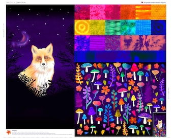 Magical Fox Project Panel by Delphine Brooks for Lewis and Irene Quilting Cotton Fabric, Appliqué Wall Hanging, Psychedelic Woodland