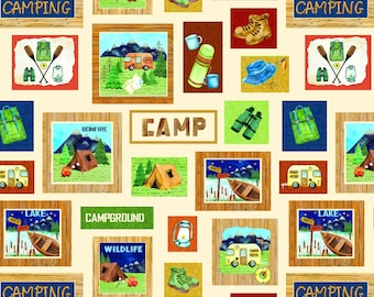 Camping Fabric, Let's Camp Blocks on Cream Live, Love, Camp Benartex Kanvas Studio Quilting Cotton Fabric, Camping Squares, 14449-07B