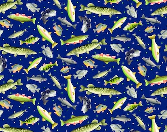 Fish Fabric, Gone Fishing on Navy Sail Away by Andi Metz for Benartex Kanvas Studio Quilting Cotton Fabric, 14444-56B