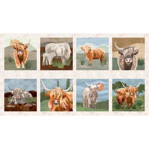May include: A fabric panel featuring eight distinct square illustrations of Highland cattle in various poses and settings, including a calf with a parent, grazing in fields, and standing against landscapes with muted earth tones and soft textures.