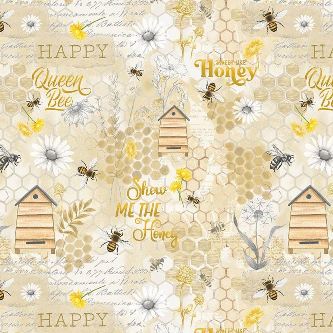 Honey Bee Fabric, Honey Bee Collage on Beige From the Bee and Bee Kind ...
