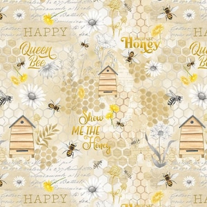 Honey Bee Fabric, Honey Bee Collage on Beige from the Bee and Bee Kind Collection by Timeless Treasures Digital Quilting Cotton Fabric