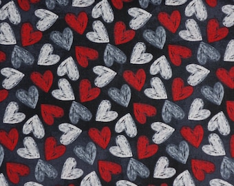 Chalkboard Hearts on Black Valentine's Day Novelty Cotton Fabric, Red and White Hearts