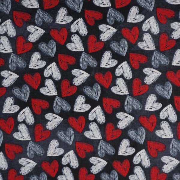 Chalkboard Hearts on Black Valentine's Day Novelty Cotton Fabric, Red and White Hearts