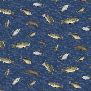 Fish Fabric, Fish Toss on Navy Blue Wake by the Lake Quilting Cotton by Riley Blake Quilting Cotton Fabric, Lake Life Fabric, C14891-NAVY
