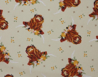 Highland Cow Fabric, Highland Cows on Tan Novelty Cotton Fabric, Boho Highland Cows with Flowers, Shaggy Cow Fabric, Cute Highland Cow