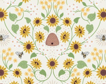 Bee and Sunflower Fabric, Beehive and Sunflowers on Cream by Lewis and Irene Quilting Cotton Fabric, A747.1