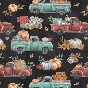 Fall Vintage Trucks Fabric, Trucks with Pumpkins on Charcoal Late Summer Harvest Collection by Blank Quilting Cotton Fabric