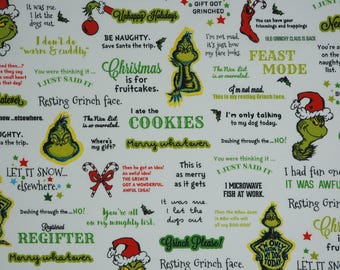 Grinchy Words, The Grinch on White Dr. Seuss How the Grinch Stole Christmas Licensed Quilting Cotton Fabric, Robert Kaufman ADE-20280-223